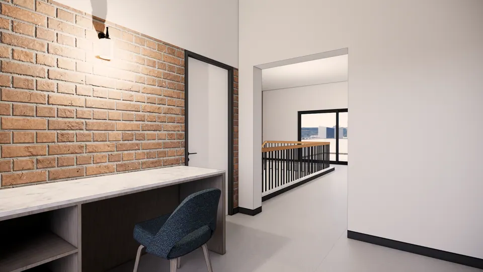 Rendered study desk with a blue chair against an exposed-brick wall, with the stair landing and a terrace door beyond
