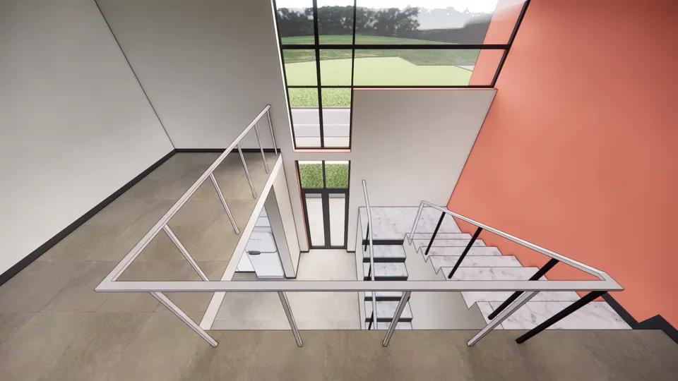 Rendered view down the stair: a white steel railing, stone treads and a glazed opening to the garden