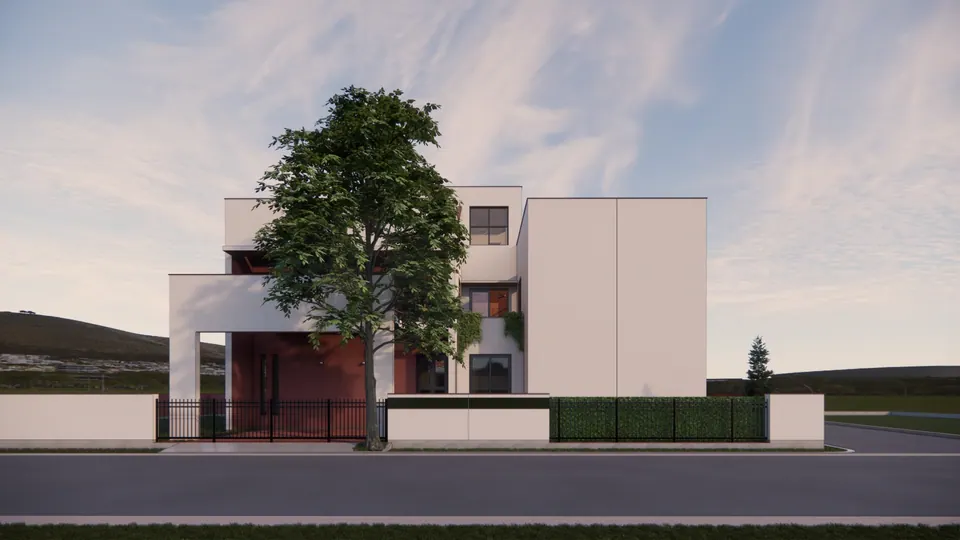 Rendered street view: white cubic volumes and a terracotta-red porch behind a low wall, railings, a hedge and a large tree