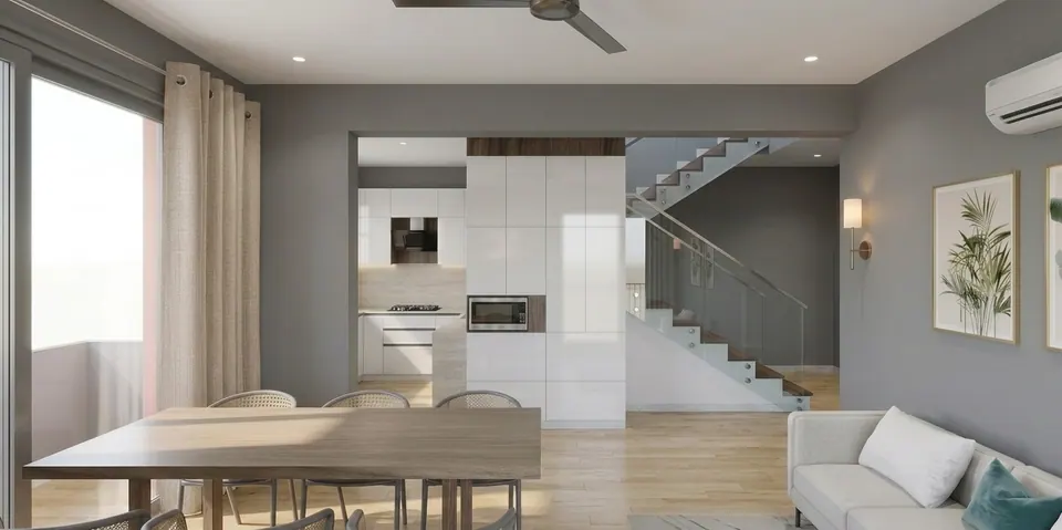 Rendered view past the dining table to the open kitchen and a floating stair with a glass balustrade