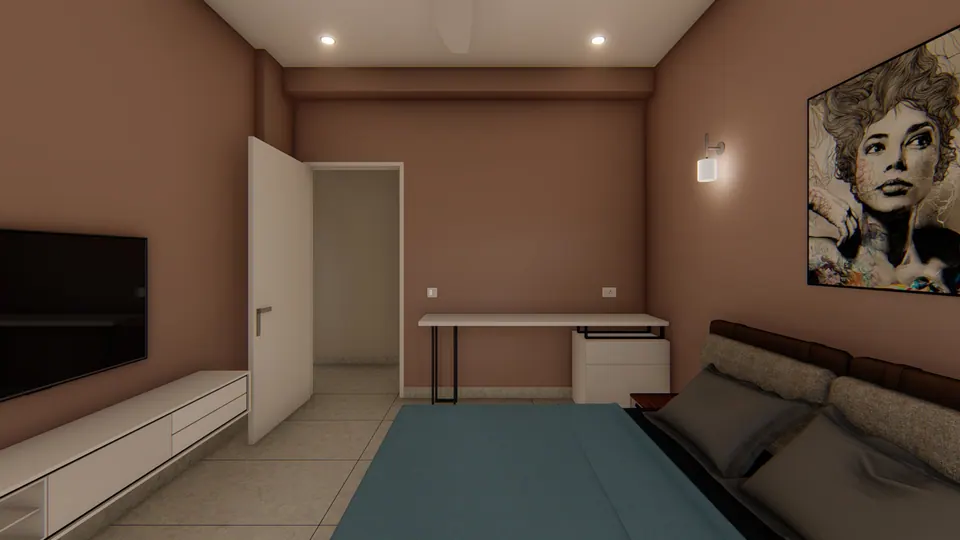 Rendered bedroom with salmon walls, a double bed, TV unit, desk and a large portrait artwork