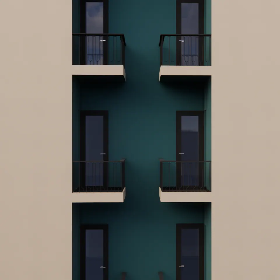 Rendered facade detail: a teal recess with French windows and small black-railed balconies set between cream walls