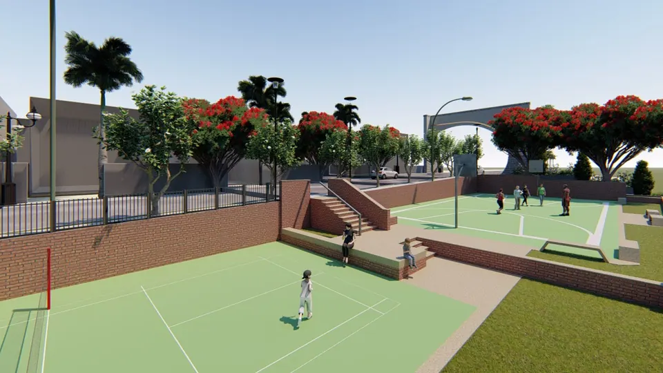 Rendered sunken sports courts with players, brick retaining walls, steps and flowering trees