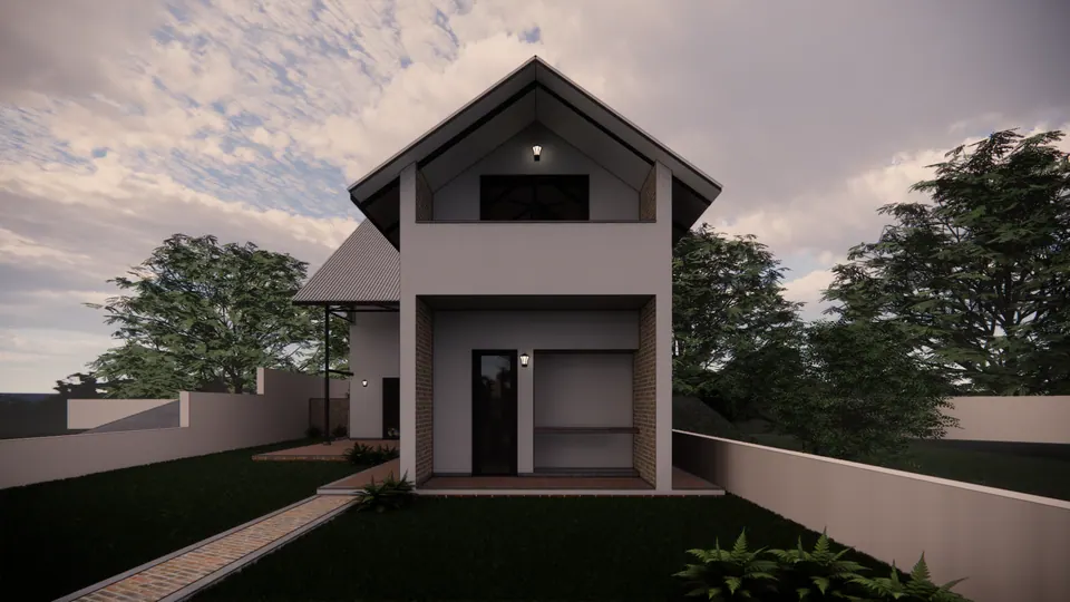 Rendered gable end with a deep framed balcony opening, a brick-lined bay and a paved path through the lawn