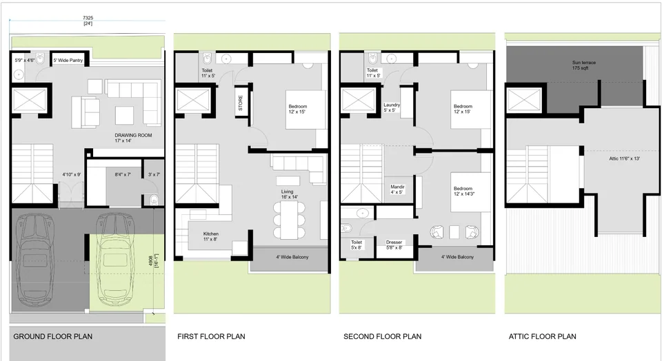 Floor plans of one 24-foot-wide unit: parking and drawing room below, two bedroom floors, and an attic with a sun terrace