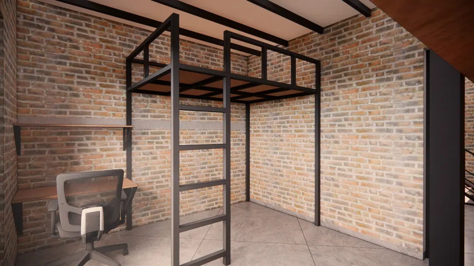 Rendered room with a black steel loft bed and ladder over a desk and office chair, brick walls