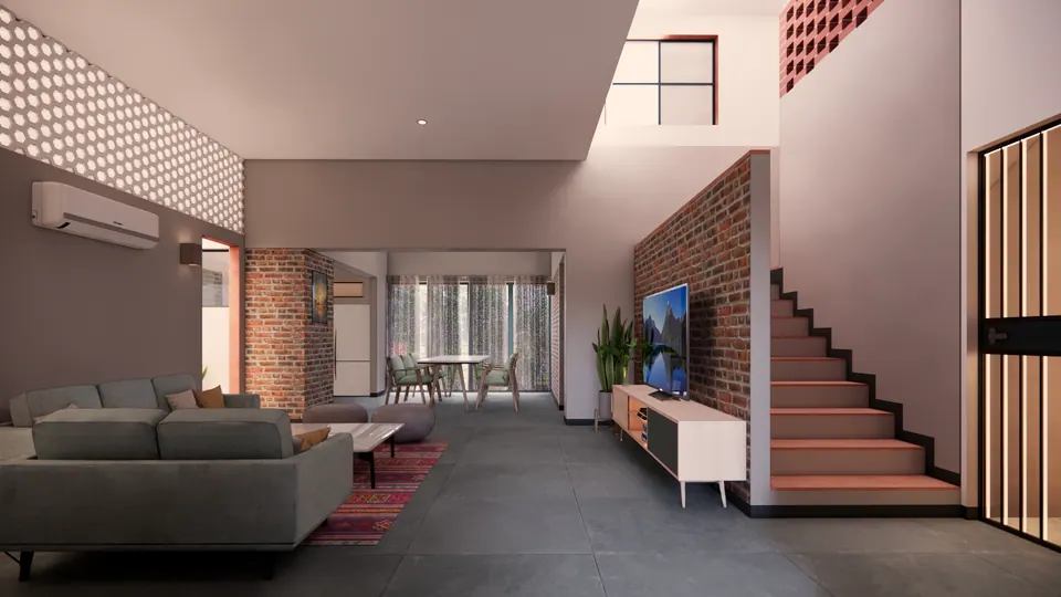 Rendered living room: an exposed-brick wall with TV, the stair rising behind it and the dining area by the windows