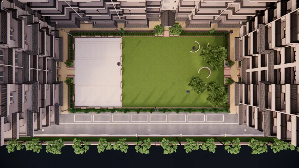 Rendered top-down view of the courtyard: a sports court and lawn between the blocks, parking along one edge
