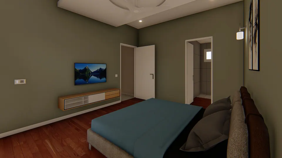 Rendered sage-green bedroom with a timber floor, a double bed, a low TV console and a door to the en-suite