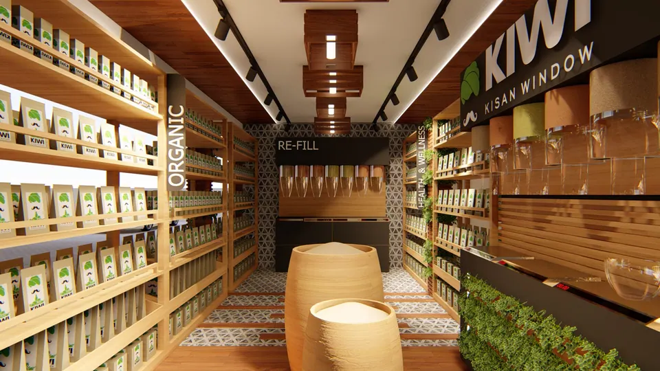 Rendered aisle between timber shelves of packaged goods, the store logo on the wall and refill bins at the end
