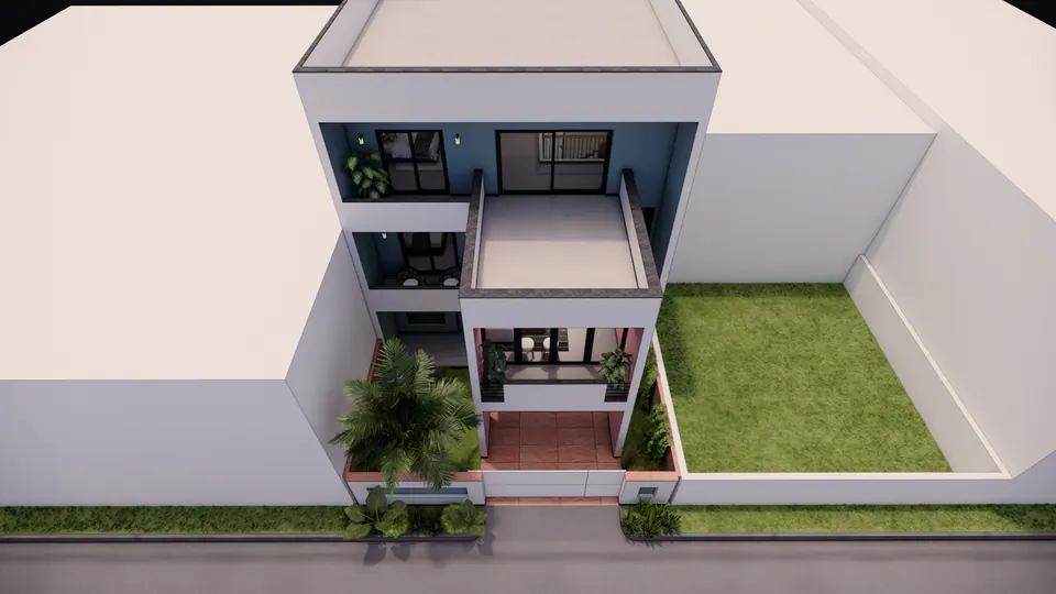 Rendered aerial view from the street: the narrow three-storey house between neighbouring blocks, a terrace over the porch and a palm in front