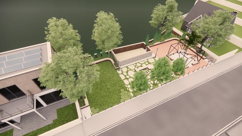 Rendered aerial of a small park with stepping stones, trees and a pergola corner beside a house