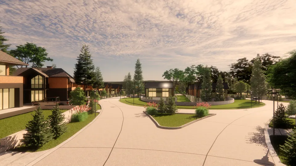 Rendered road junction with a planted island and two-storey houses in brick and glass