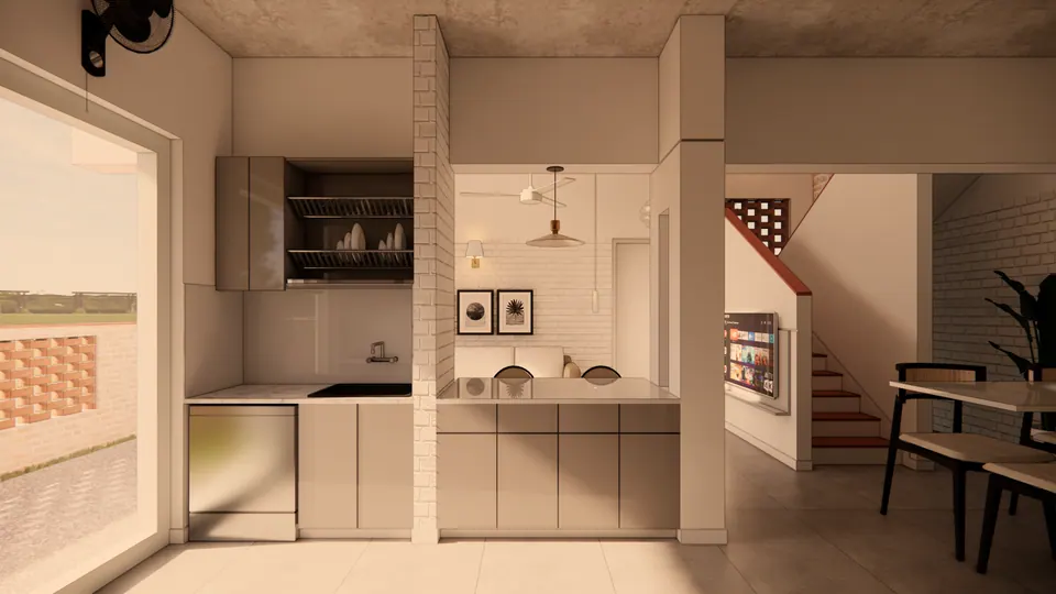 Rendered kitchen in grey units with an open dish rack, a brick jali panel by the window and the dining table