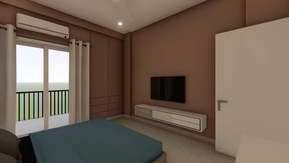 Rendered bedroom with terracotta walls, a glazed door to a balcony and a low TV unit