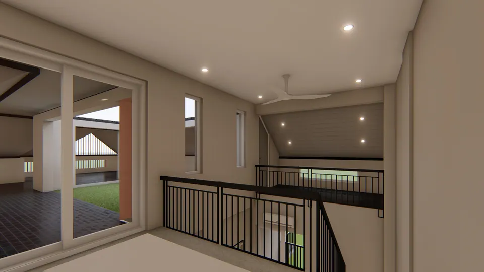 Rendered upper landing with a black railing around the stair void and a glazed door to a terrace