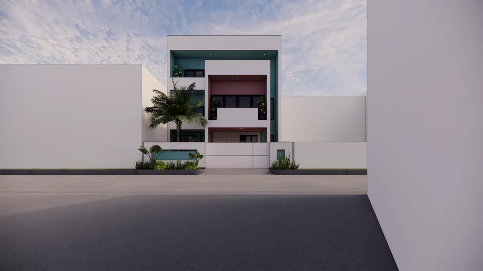 Rendered street front: a three-storey white house with teal and maroon recessed balconies, a palm tree and a white boundary wall with a teal panel