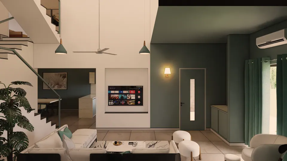 Rendered living room seen from the stair: a TV in a white niche, a sage-green wall, a door with a slit window and lounge chairs