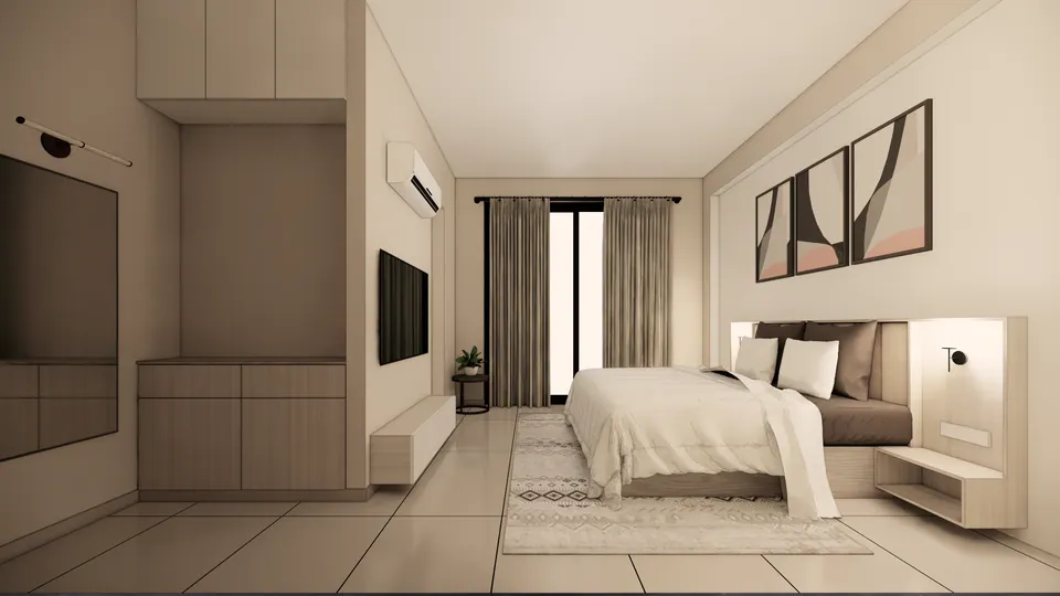 Rendered bedroom: a bed with a padded headboard and bedside shelves under three abstract prints, a TV wall and a curtained window