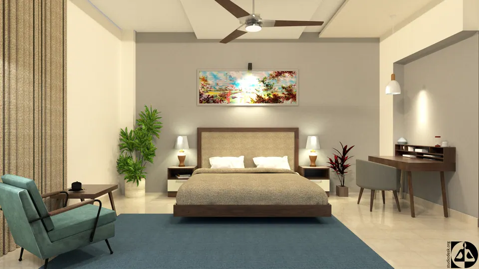 Rendered bedroom with an upholstered bed, a teal armchair, a writing desk and a large painting above the bed