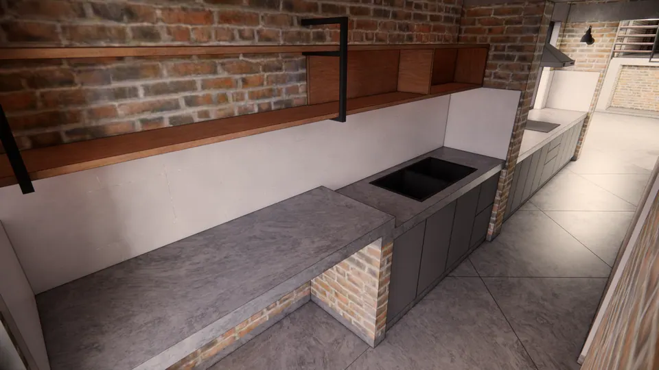 Rendered kitchen counter of grey concrete on a brick base, with a sink, a timber shelf and dark cabinets