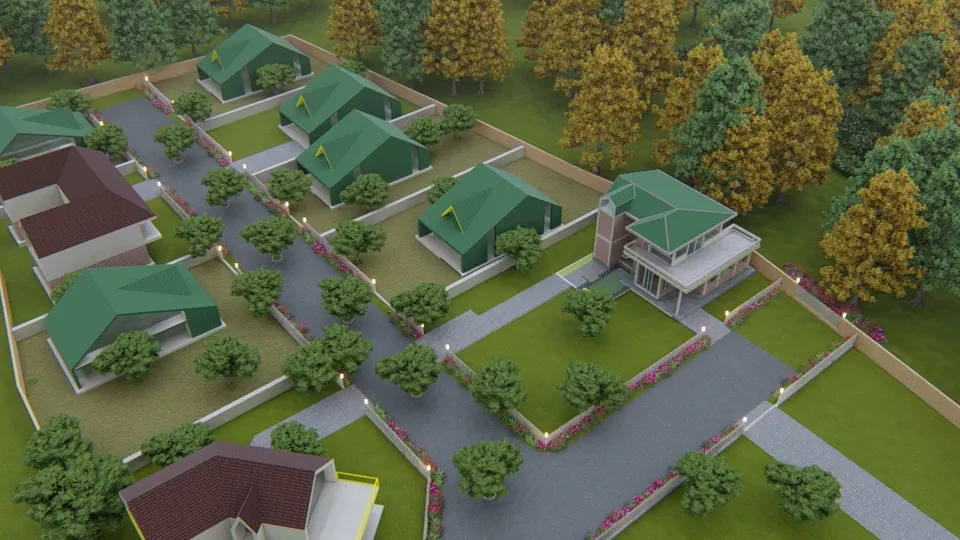 Rendered aerial view of houses with green and maroon pitched roofs on lawned plots along lit internal roads