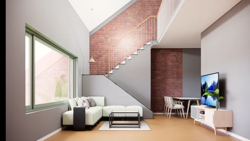 Rendered living room under the sloping roof: a pale green sectional sofa, a TV console and a stair rising against an exposed-brick wall