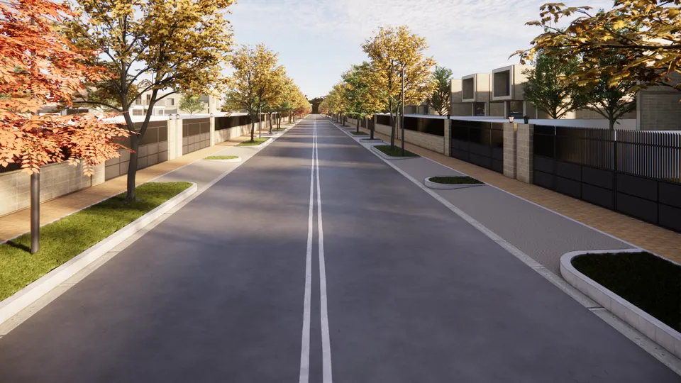 Rendered straight road lined with trees and landscaped kerb islands, between boundary walls of buff blocks and dark railings