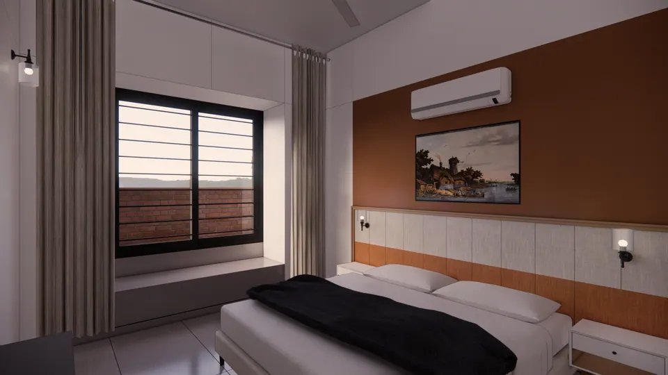 Rendered bedroom with a rust-brown wall, a painting, a black throw and a window seat