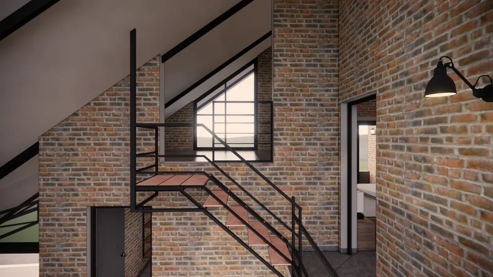 Rendered stair hall with exposed brick walls, a black steel stair with timber treads and a triangular window