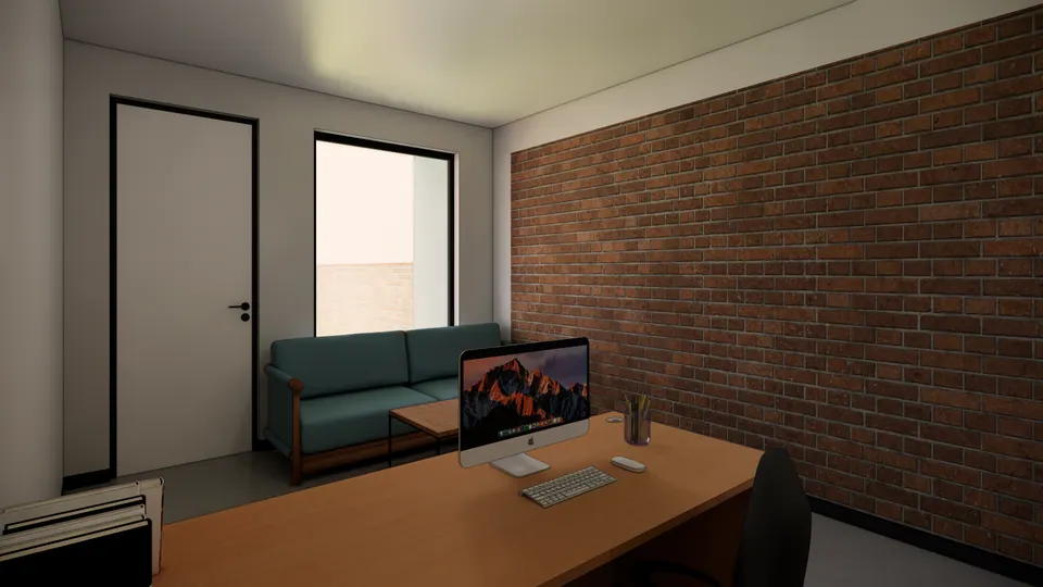 Rendered study: a long timber desk with a desktop computer against an exposed-brick wall, and a teal two-seater sofa under the window