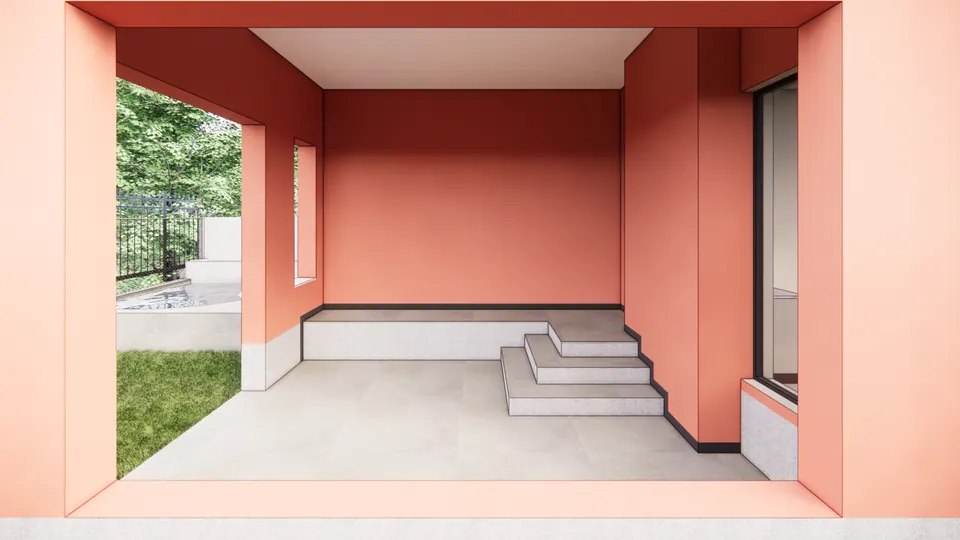 Rendered coral-framed verandah with a built-in seating platform and steps, opening to the lawn and a steel fence
