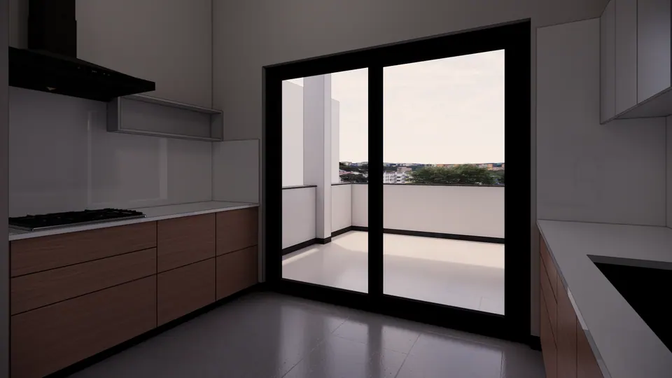 Rendered kitchen: timber-fronted base units with a white worktop, a hob and a black hood, and a sliding door to a balcony