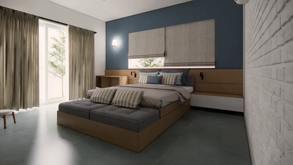 Rendered bedroom: a navy accent wall with a padded headboard, a grey bed, roman blinds and curtained glass doors