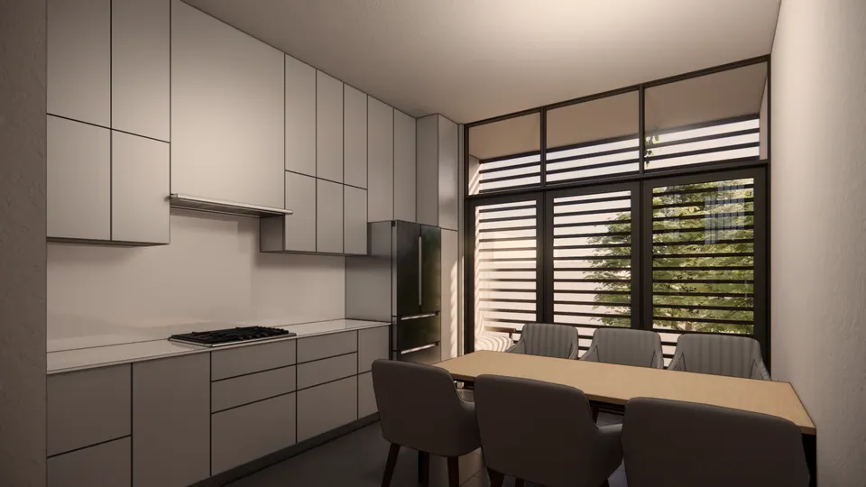 Rendered kitchen and dining area facing tall glazed doors screened by horizontal louvres