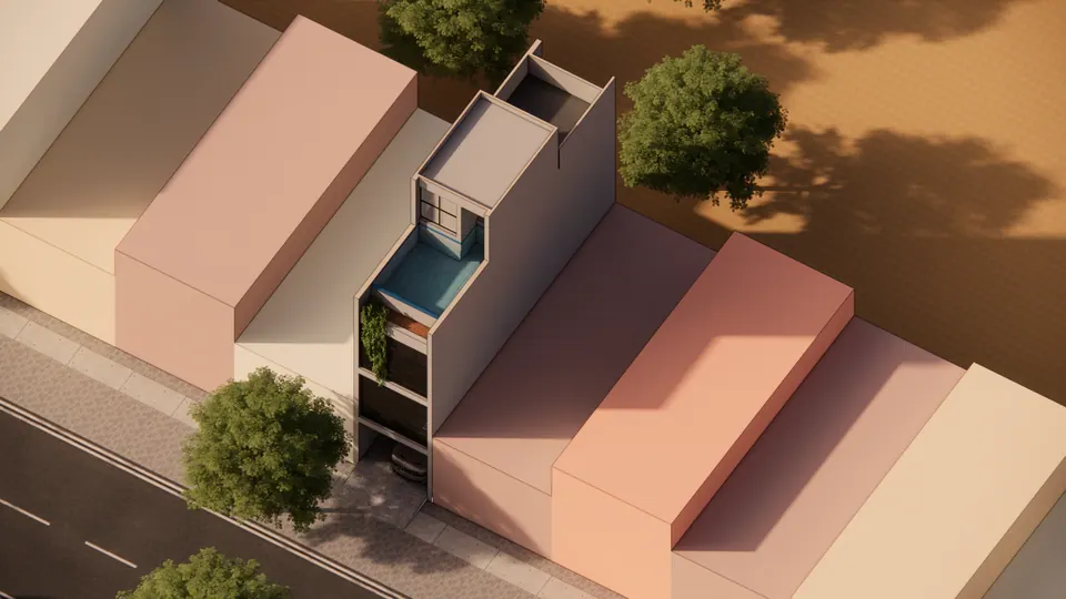 Rendered aerial view of a narrow four-storey house between pastel neighbours, with a rooftop pool and trees along the street