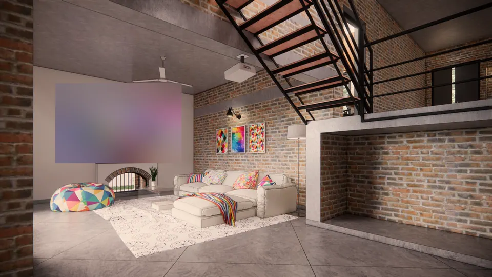 Rendered living room with a projection wall above a brick fireplace, a white sofa and a bean bag, the steel stair overhead