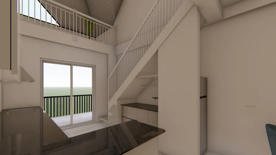 Rendered kitchen counter beneath an open stair to a mezzanine, a glazed door to a balcony