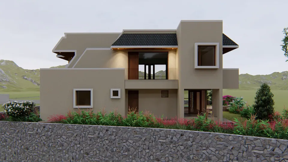 Rendered rear view above the stone wall: rendered volumes, a timber-framed balcony recess and flowering borders