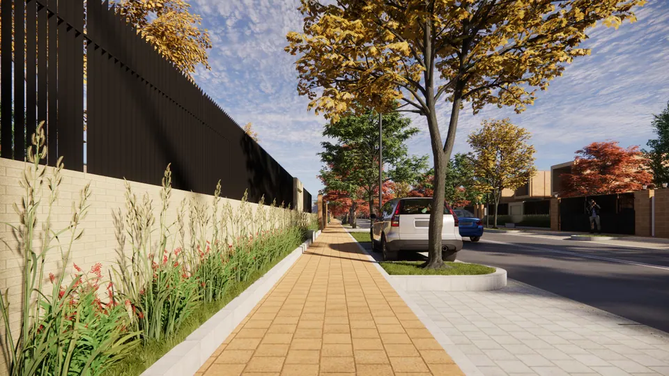Rendered footpath of buff pavers beside a planted strip of grasses and flowers, along a boundary wall with dark slats