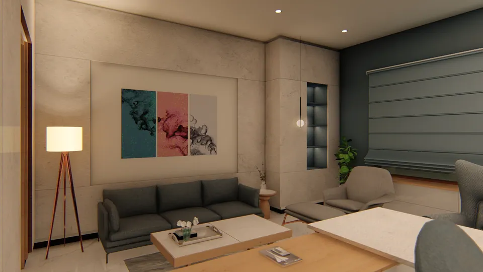 Rendered sitting area with a grey sofa, triptych artwork, a tripod floor lamp and a slate-blue Roman blind