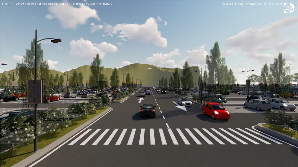 Rendered street view from a zebra crossing at the roundabout towards the car parking, hills behind