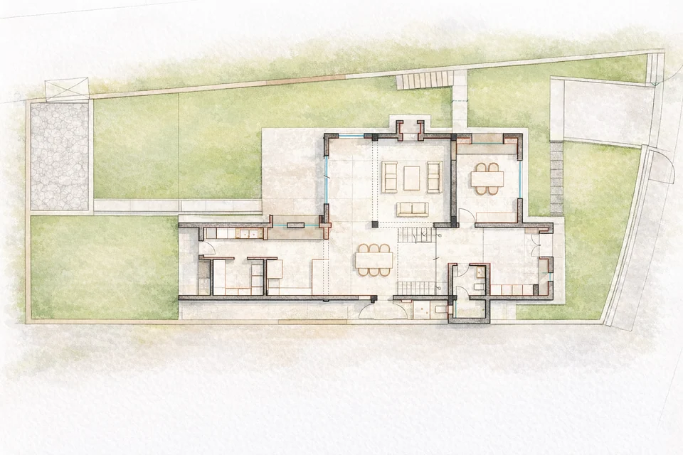 Watercolour-style ground floor plan on a tapering plot: living, dining, kitchen and stair, with lawns around the house
