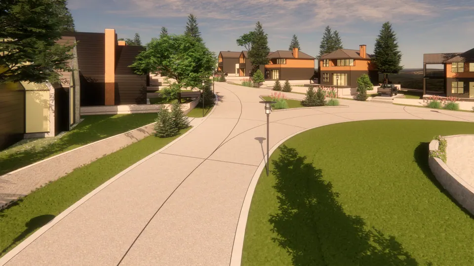 Rendered road curving past lawns towards two-storey houses with brick chimneys
