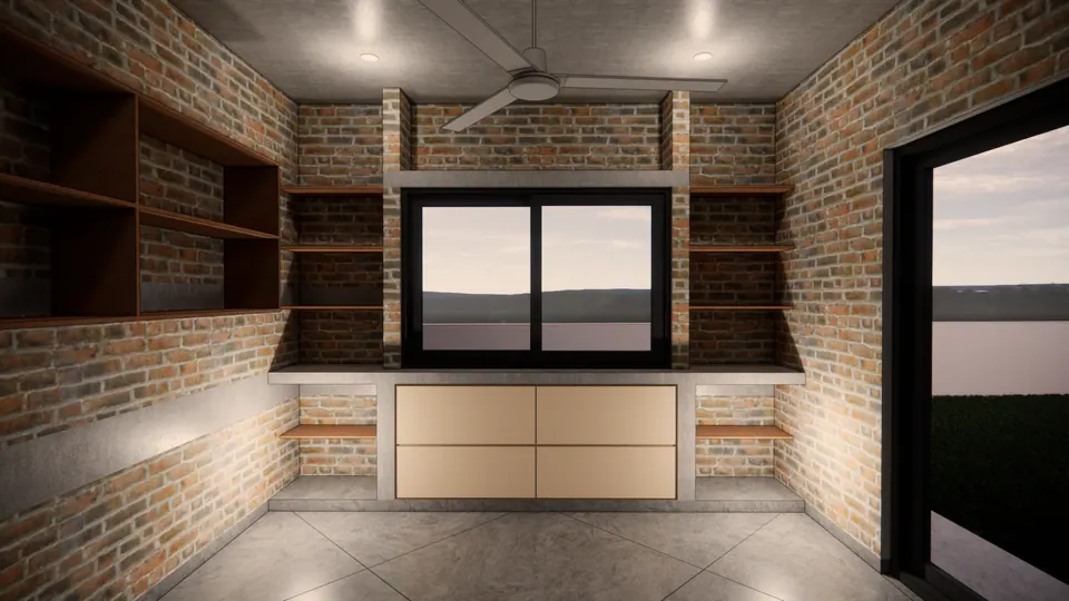 Rendered room with a window framed by timber shelves above a pale cabinet, brick walls and a glazed door