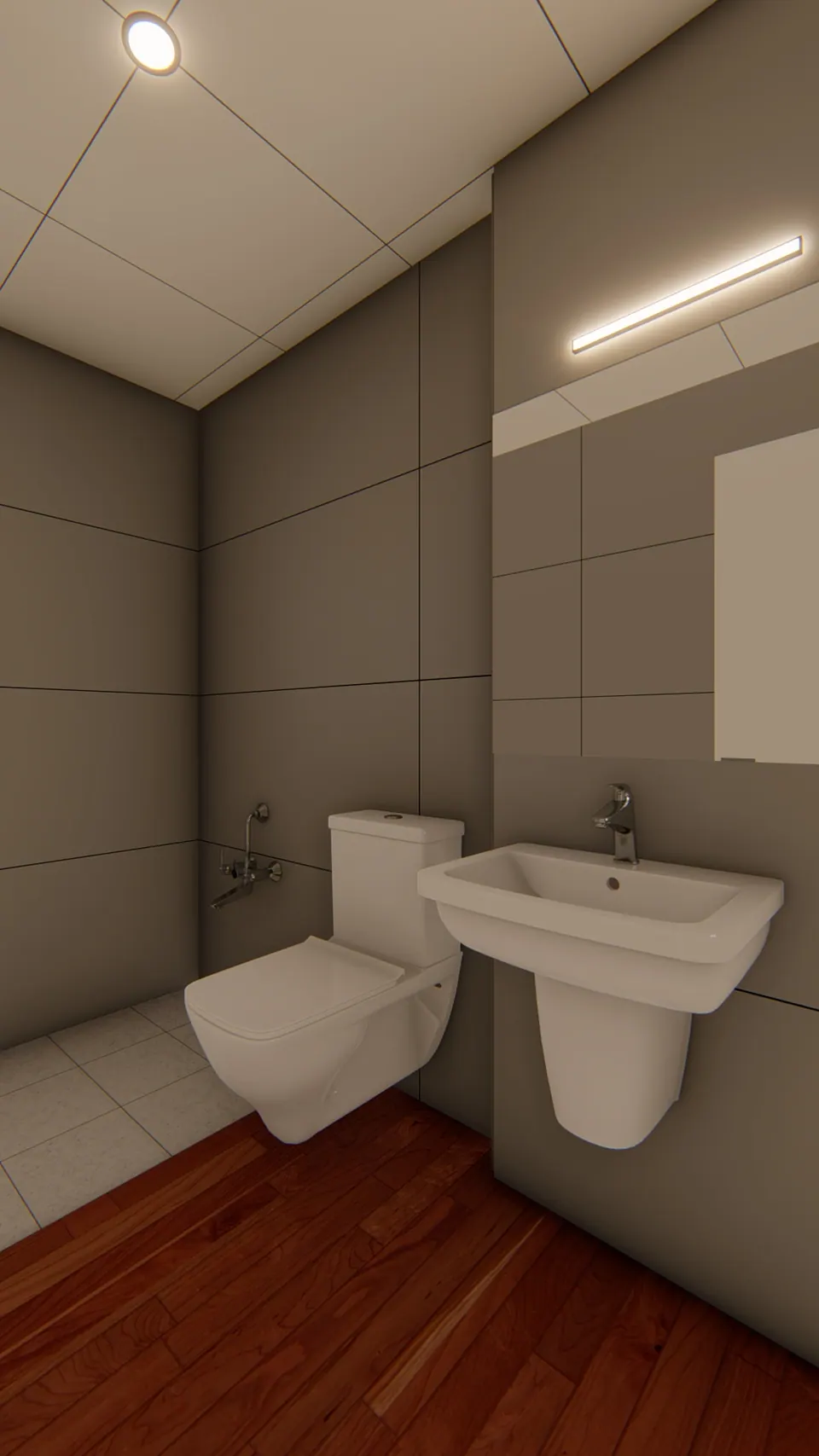 Rendered bathroom with a wall-hung basin and WC, grey wall tiles and a timber floor
