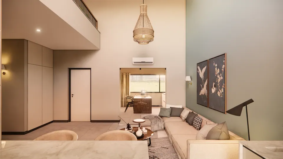 Rendered lounge under the gallery: a beige sectional sofa, crane artworks on a green wall and a woven pendant lamp