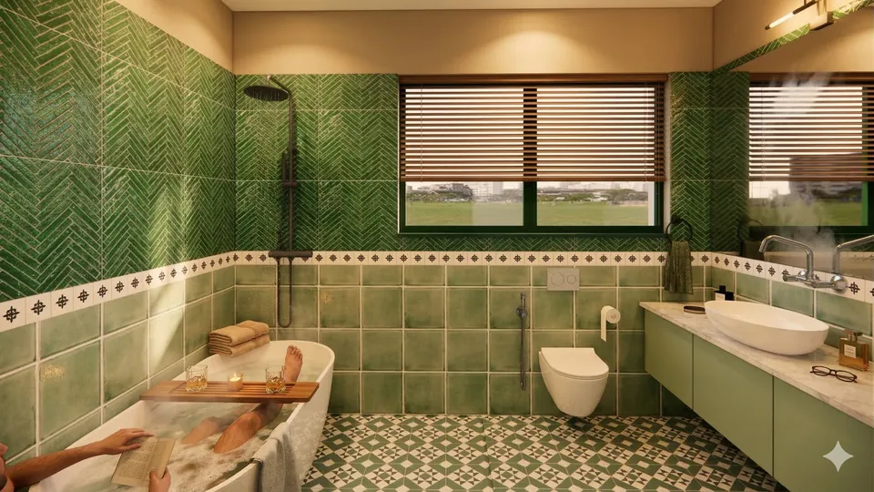 Rendered green-tiled bathroom with a bather in a freestanding tub, a wall-hung WC, a basin on a marble counter and slatted blinds