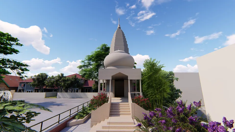 Rendered front of the temple: a stepped stair to the porch below a white shikhara and dome