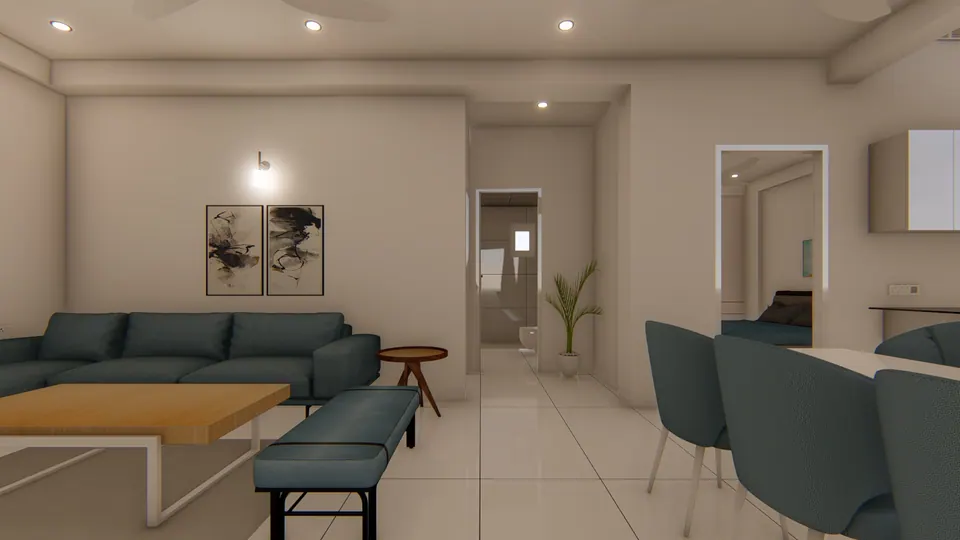 Rendered living and dining area with a teal sofa, a timber coffee table and teal dining chairs